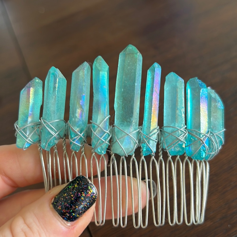 Beautiful iridescent aqua blue crystal quartz hair barette